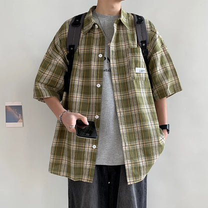 Korean Y2k Streetwear Plaid Shirt Men Shirts 2025 New Summer Fashion Chemise Homme Men's Checkered Shirts Short Sleeve Men Blouse