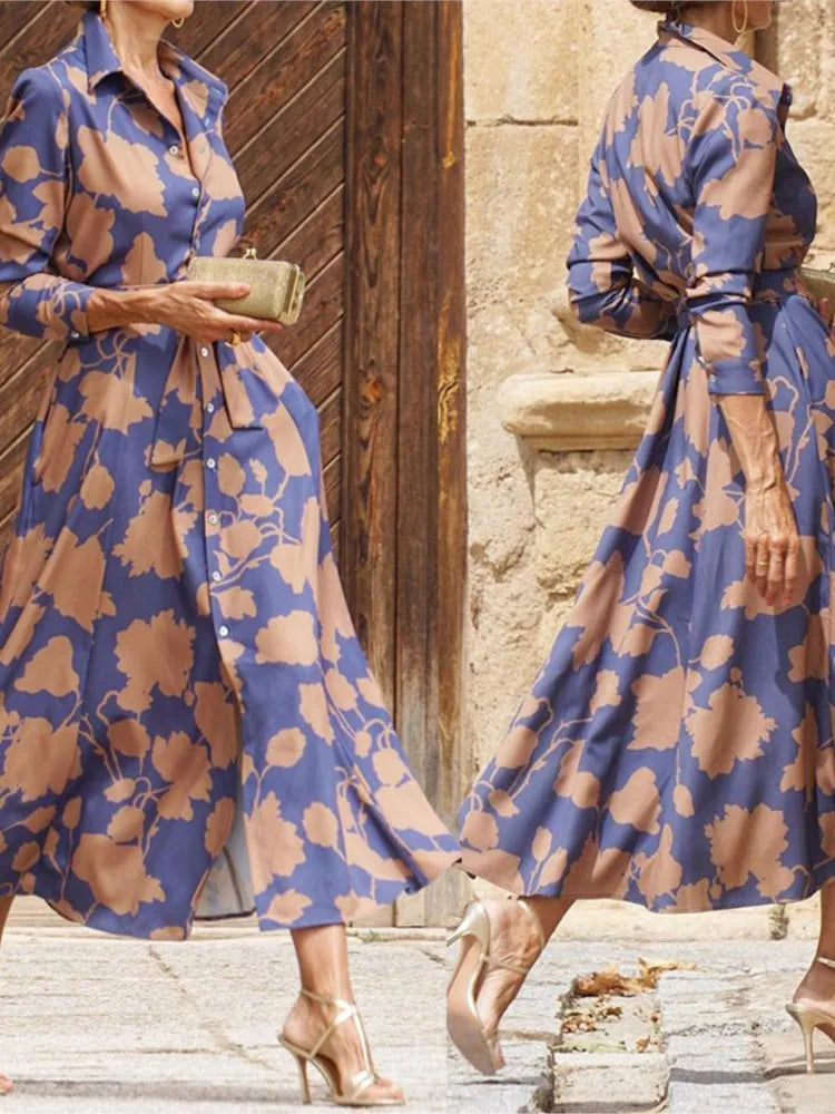 2025 Spring New Women's Fashion Style Printed Sexy Waist Strap Mid Length Single Breasted Long Sleeve Collar Dress