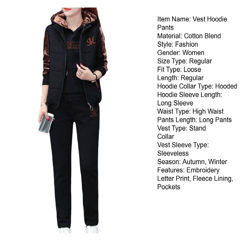 3Pcs/Set Simple Waistcoat Hoodie Pants Patchwork Color Women Tracksuit Multi Pockets Cold Resistant
