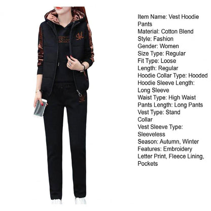 3Pcs/Set Simple Waistcoat Hoodie Pants Patchwork Color Women Tracksuit Multi Pockets Cold Resistant