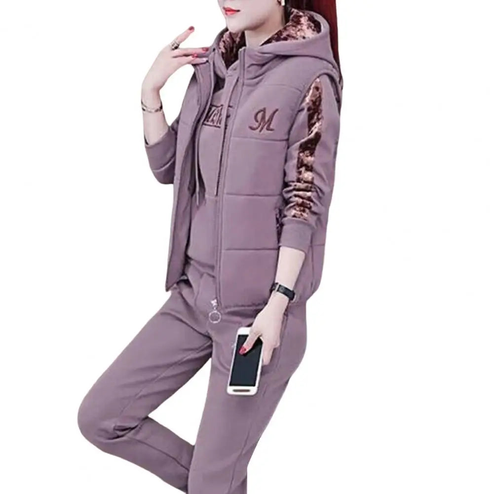 3Pcs/Set Simple Waistcoat Hoodie Pants Patchwork Color Women Tracksuit Multi Pockets Cold Resistant