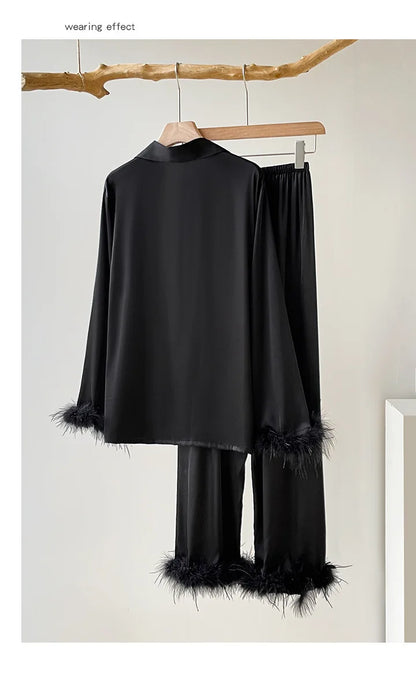 Spring Autumn Female Pajamas Trouser Set Luxury Feather Pink Bride Wedding Sleep wear Gift Sexy Loose Satin Home Wear Lounge wear