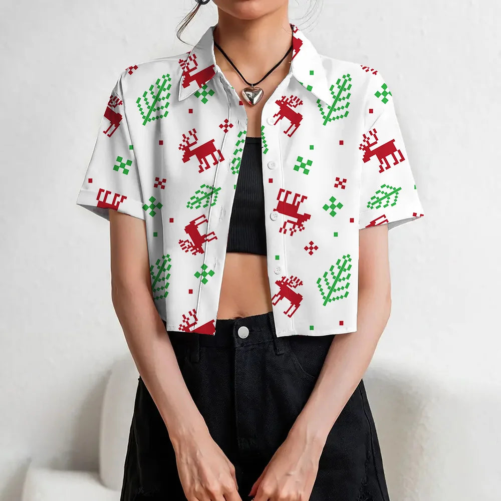 Women's Lapel Button Tank Tops Shirts Summer Casual Short Sleeve Shirts 3D Cherry Printed Women's Clothing Navel Exposed Shirts