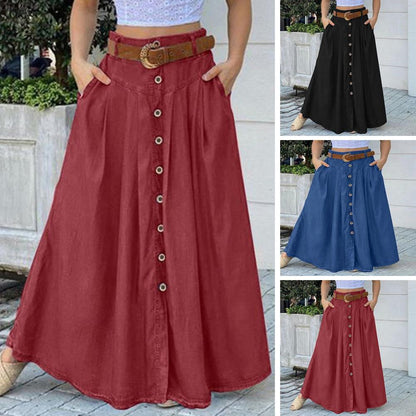 Big Hem Women Long Skirt Solid Color High Waist All Match Button Decor A-line Summer Loose Maxi Skirt Female Garment