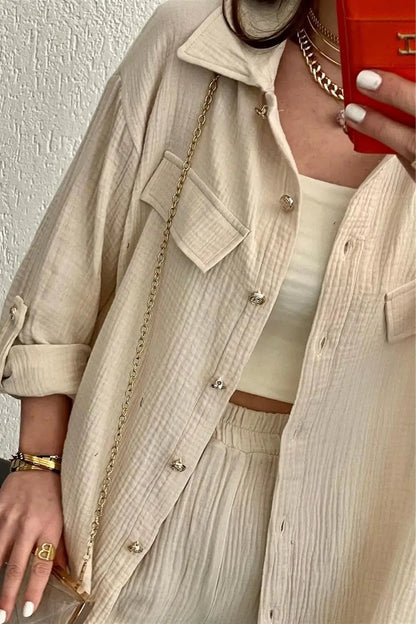 Summer outfits for women 2025 New Loose Button Long Sleeve Shirt and Cropped Pants Casual Sports Summer women's suit Pants Set