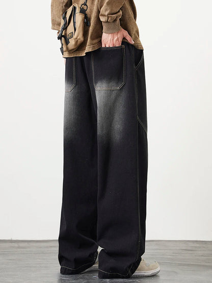 Big Size Men's Jeans 8XL 7XL 6XL String Banding Wide Leg Straight Denim Pants Washed Cotton Casual Baggy Jean Trousers Male