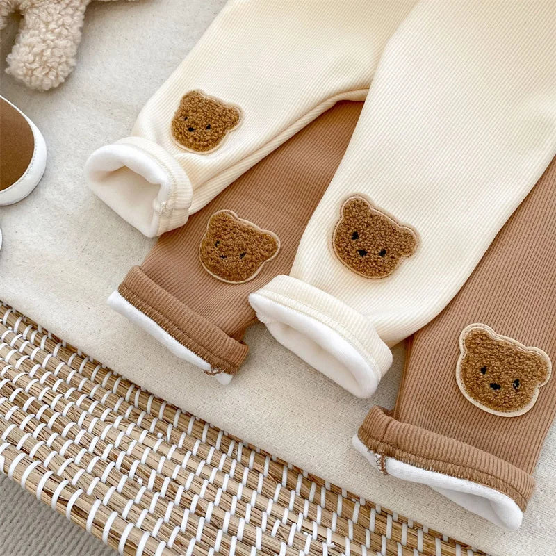 0-3T Newborn Kid Baby Boy Girl Winter Clothes Warm Plush Baby Pants Thick Cotton Stretch Bear Print Leggings Cute Outfit