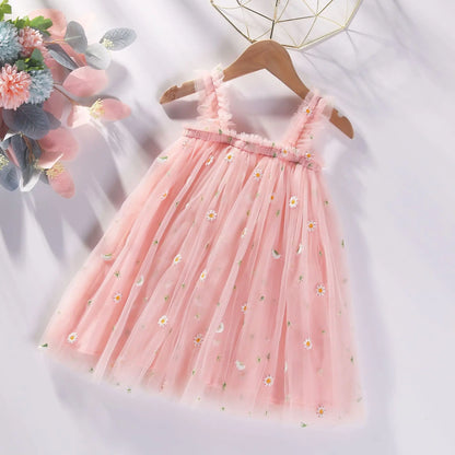 Hot New Baby Girl clothes High Quality Flower Embroidery Halter Mesh Little Girls Dress Cute Baby Dress Sweet Princess Frock