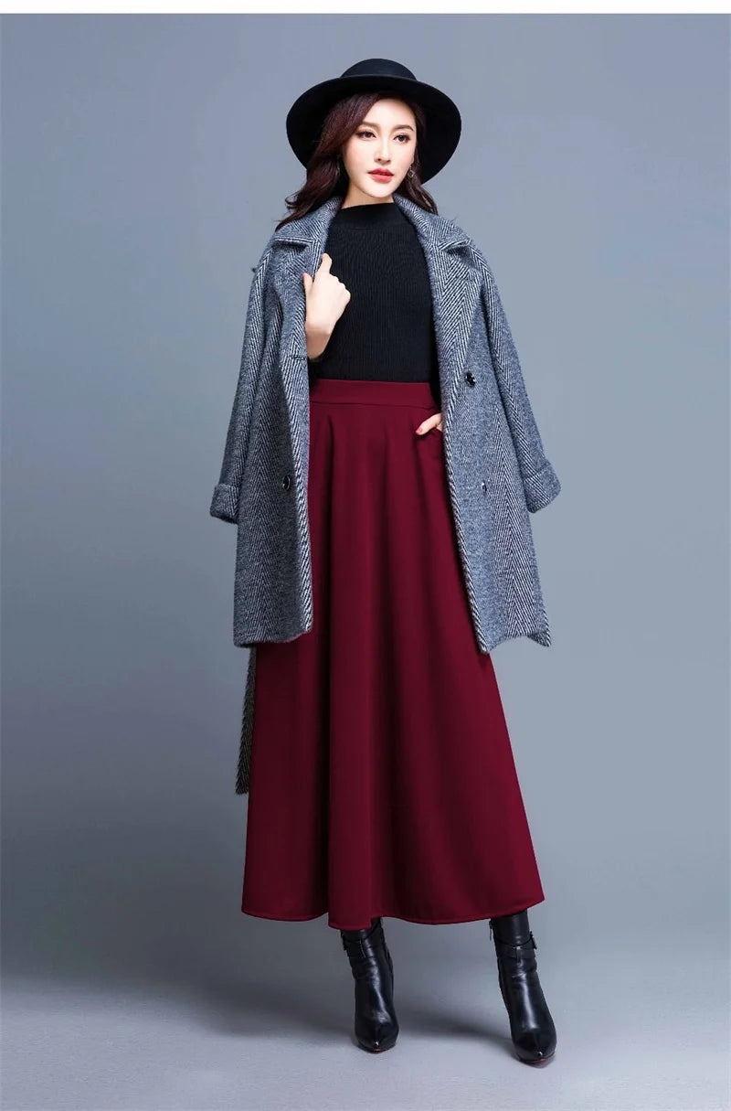 Spring Autumn Large Size A-Line Skirts Women Elastic High Waist Wine Red Black Long Skirt Female Casual Solid Color Maxi Skirts