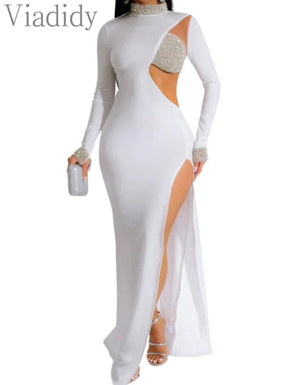 Women Sexy Rhinestone Floor Length High Slit Mermaid Party Dress