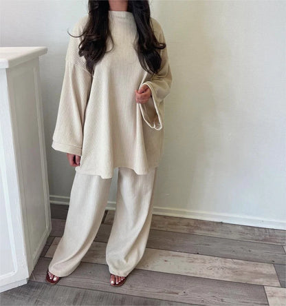 Spring Autumn Solid Color Corduroy Pants Sets Women Loose Long Sleeve Wide Legs Trousers Two Piece Set Female Commuting Clothing