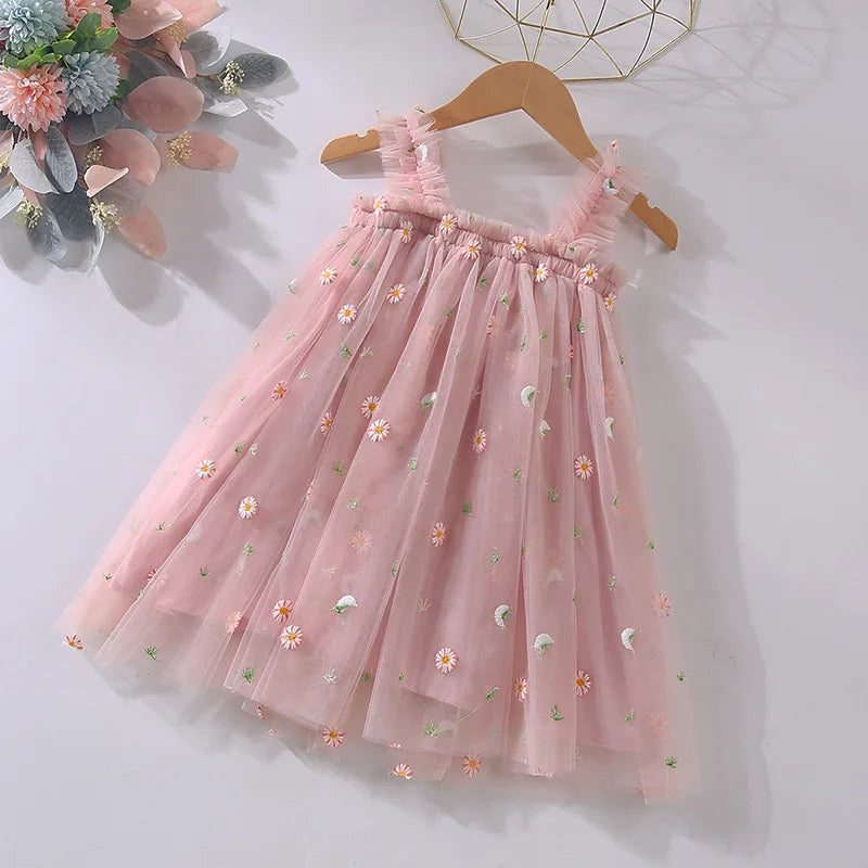2025 New Baby Girl Clothes Multi Coloured Embroidered Floral Mesh Camisole Cute Baby Girl Dress Party Princess Fluffy Dresses