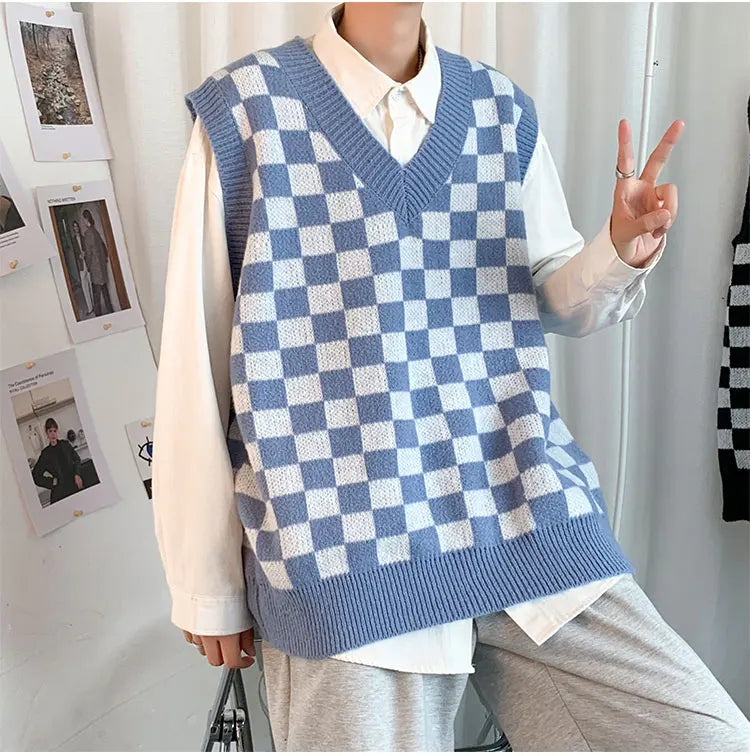 Men Knitted V Neck Japanese Vintage Loose Sleeveless Plaid Vests Chic Pullovers Chaleco Hombre Blue Checkerboard Sweater Vest