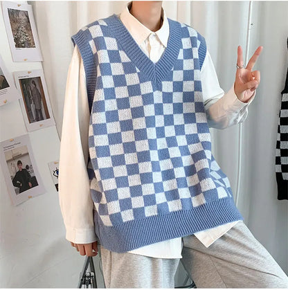 Men Knitted V Neck Japanese Vintage Loose Sleeveless Plaid Vests Chic Pullovers Chaleco Hombre Blue Checkerboard Sweater Vest