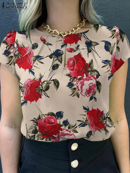 ZANZEA Summer Bohemian Short Sleeve Floral Printed Blouse Women Vintage Holiday Party Shirt Casual Beach Tops Tunic Bulses 2025