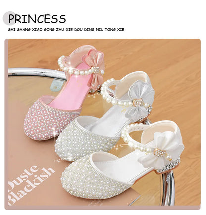 Rhine stones Princess Party Shoes Shiny Crystal Bow White Children High Heels Girls Sandals Summer Kids Student Performance Shoes