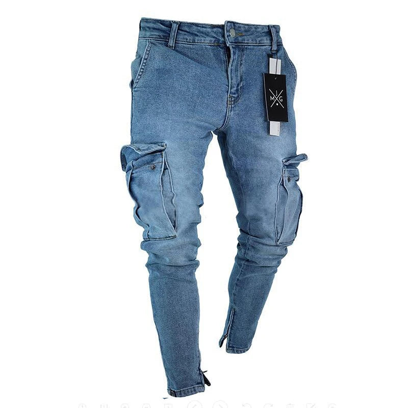 Jeans Men Pants Wash Solid Color Multi Pockets Denim Mid Waist Cargo Jeans Plus Size Fashion Casual Trousers Male Daily Wear