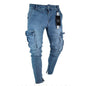 Jeans Men Pants Wash Solid Color Multi Pockets Denim Mid Waist Cargo Jeans Plus Size Fashion Casual Trousers Male Daily Wear
