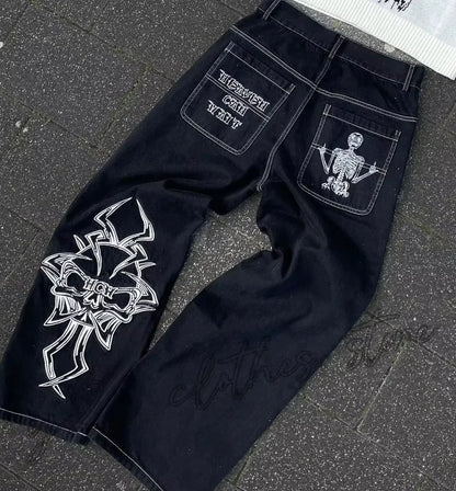 Y2K Jeans Men's Hip Hop Retro Skull Embroidery Washed Baggy Denim Pants New Straight Casual Loose Wide Leg Trouser Streetwear