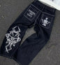 Y2K Jeans Men's Hip Hop Retro Skull Embroidery Washed Baggy Denim Pants New Straight Casual Loose Wide Leg Trouser Streetwear
