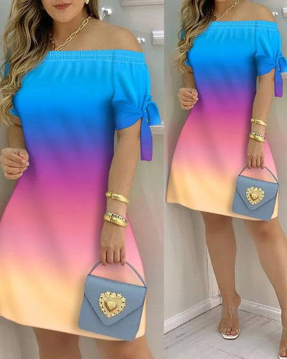 Fashionable Sexy Women's Print Dress Women's Word Shoulder Short -sleeved A -line Dress Ladies Off The Shoulder Mini Dresses