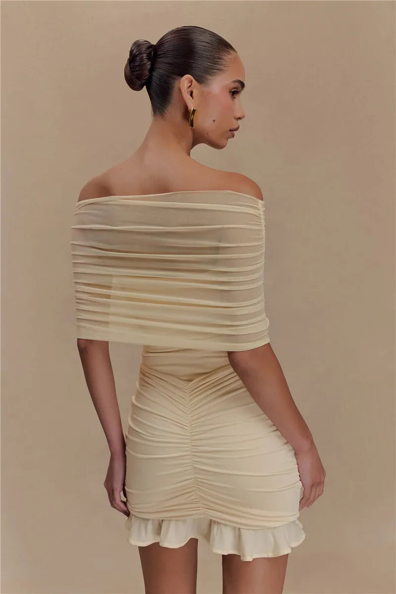 Mozision Mesh Strapless Off-shoulder Sexy Ruffled Mini Dress For Women Fashion Backless High Waist Female Ruched Party Dress