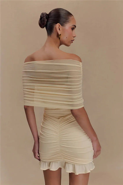 Mozision Mesh Strapless Off-shoulder Sexy Ruffled Mini Dress For Women Fashion Backless High Waist Female Ruched Party Dress