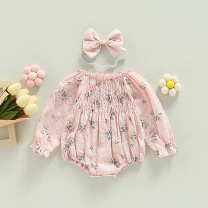 Tregren Infant Baby Girls Valentine's Day Romper Heart Print Long Sleeve Boat Neck Jumpsuits Spring Fall Bodysuits with Headband