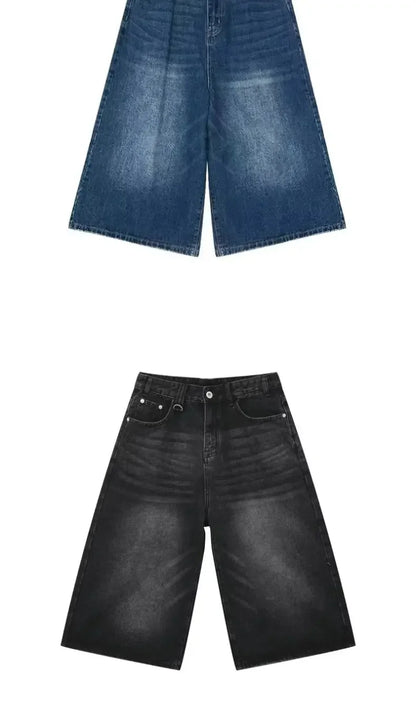 Men Women Y2k Style Baggy Denim Shorts Wide Leg Short Pants Fashion High Waisted Dark Wash Knee Length Loose Unisex Jeans Casual