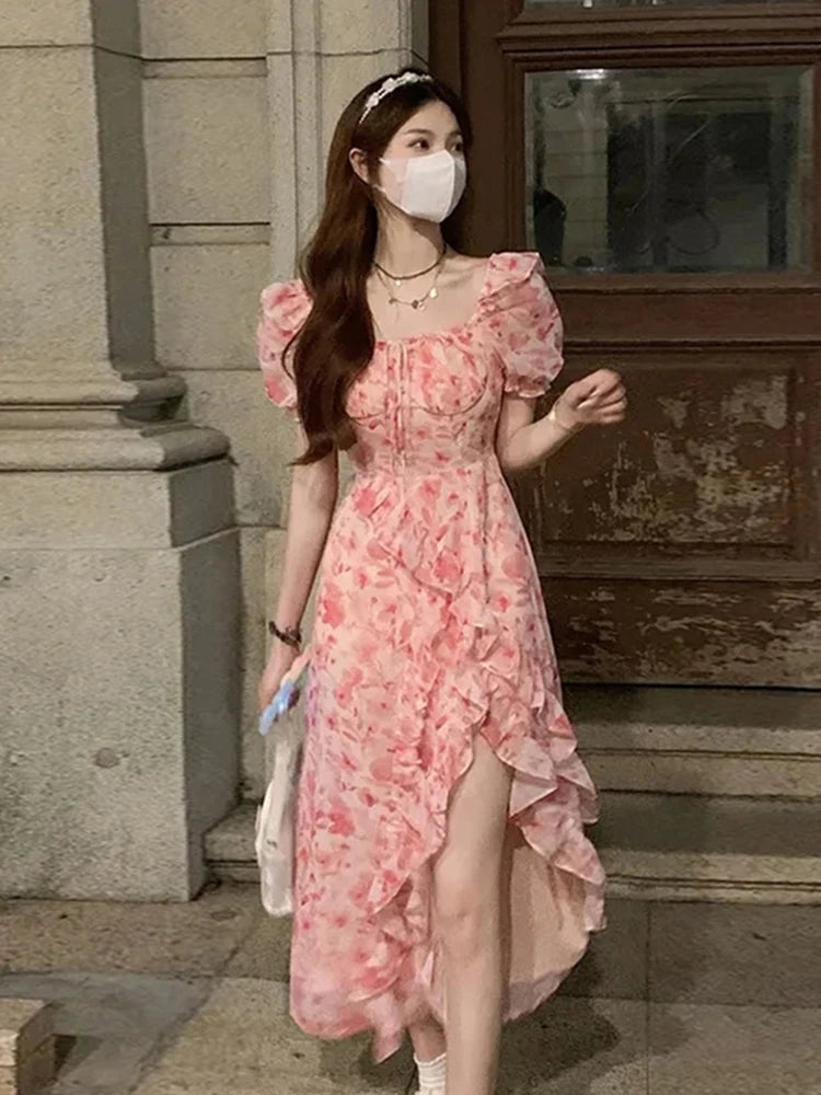 Short Sleeve French Elegant Dress Beach Floral One Piece Beach Midi Dress