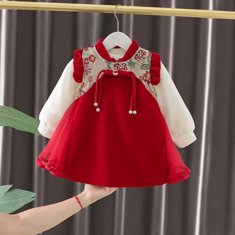 Toddler Baby Girls Dress Autumn  Winter Kids Red Christmas New Year Plush Warm Dress Infant Clothing Set Top+ skirt For 1-4 Years