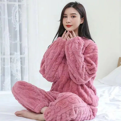 Fleece Women Pajamas Set Winter Sleepwear Solid Velvet 2 Piece Pant Home Suit Fluffy Casual Pajama Warm O-neck Night Wear