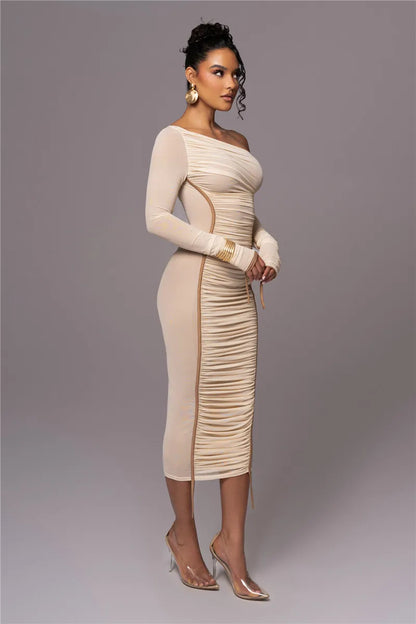 Diagonal Collar Long Sleeve Midi Dress For Women Two Layer Mesh Backless Ruched Bodycon Club Party Sexy Long Dress