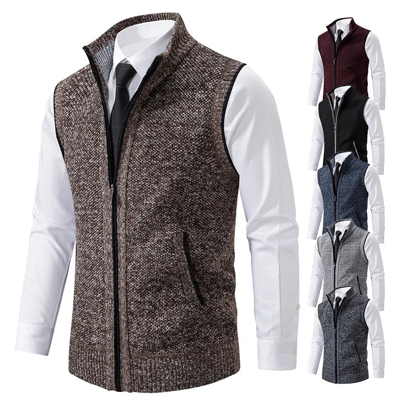 Vest Men Knitted Sleeveless Sweater Jacket Wool Velvet Zipper Cardigan Turn-down Pullovers Turtleneck Sweater coat Knit Waistcoat