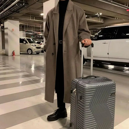 Korean Trend Men's Loose Casual Single-breasted Overcoat Autumn Winter Fashion New Long Sleeve Woolen Long Coat