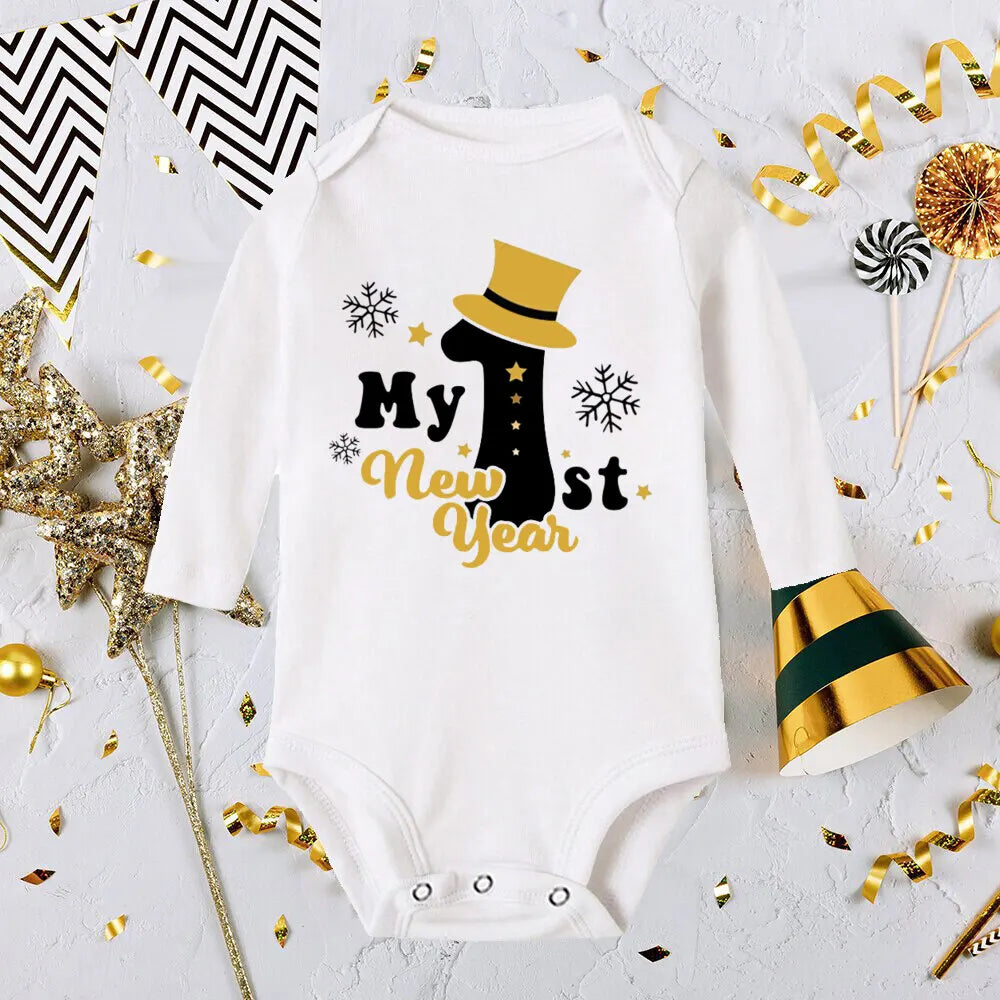 My First New Year Print Baby Romper Infant Long Sleeve Bodysuit Toddler Holiday Jumpsuit Boys Girls Clothes Newborn Shower Gifts