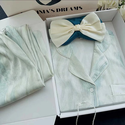 2025 Autumn New Ice Silk Women Pajama Lapel Button Cardigan Outfits for Women 2 Piece Set Fashion Printing Set Clothes for Women