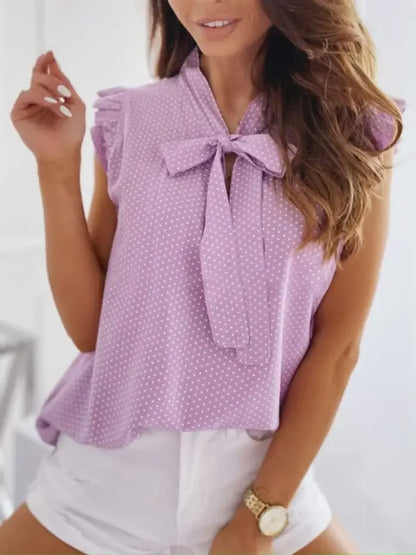 Summer Women Elegant Ruffles Sleeveless Polka Pot Lace Up Tie Bow Blouses and Shirts Casual Oversize Tops Sexy Pullover Tunic