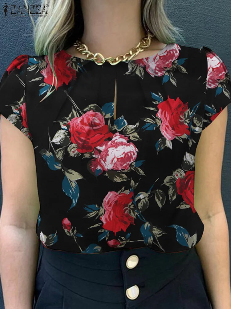 ZANZEA Summer Bohemian Short Sleeve Floral Printed Blouse Women Vintage Holiday Party Shirt Casual Beach Tops Tunic Bulses 2025
