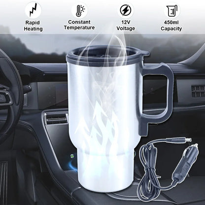 12V Car Heating Cup Car Heated Mug, 450ml Travel Electric Coffee Cup 14oz. Insulated Heated Thermos Mug
