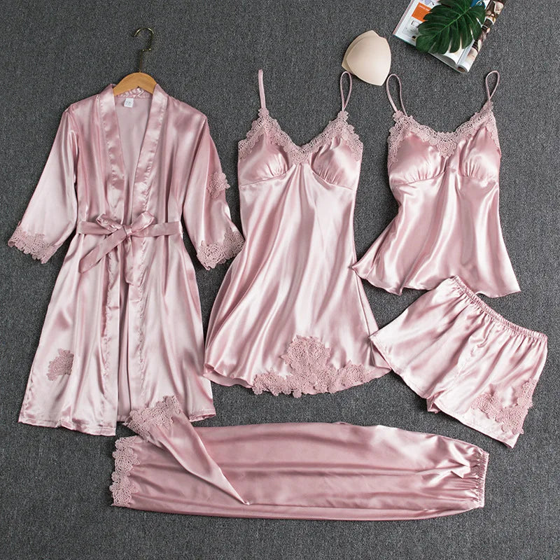 5PC Silk Robe Sleep Suit Women's Lace Satin Pajamas Gown Set V-Neck Cami Nighties Wear Pajama Home Nightwear Spring Nightdress