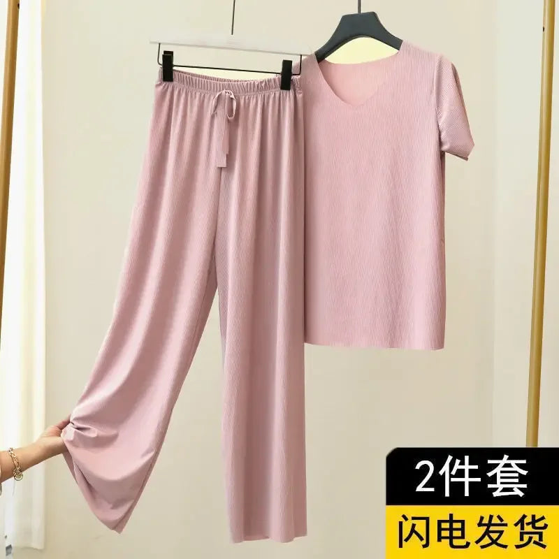 Female Home Clothes 2 Pieces Set Lady Home Suit Summer Women Lounge Wear Autumn Loose Home wear Suit for Women Pajamas Pants Set