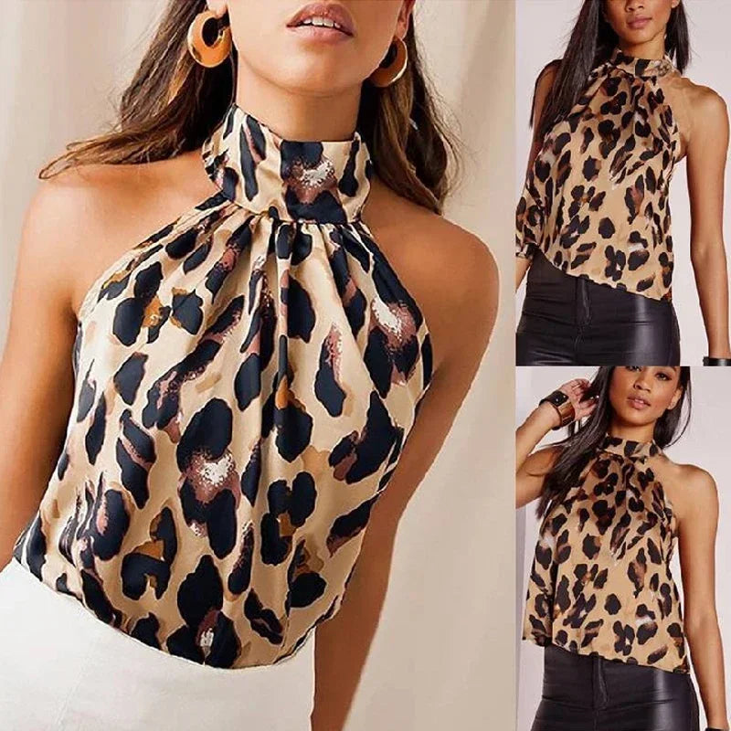 Summer Women Blouse Shirt 2025 Sexy Leopard Print Ladies Tops Halter Blouse Casual Female Sleeveless Women's Tops and Blouse