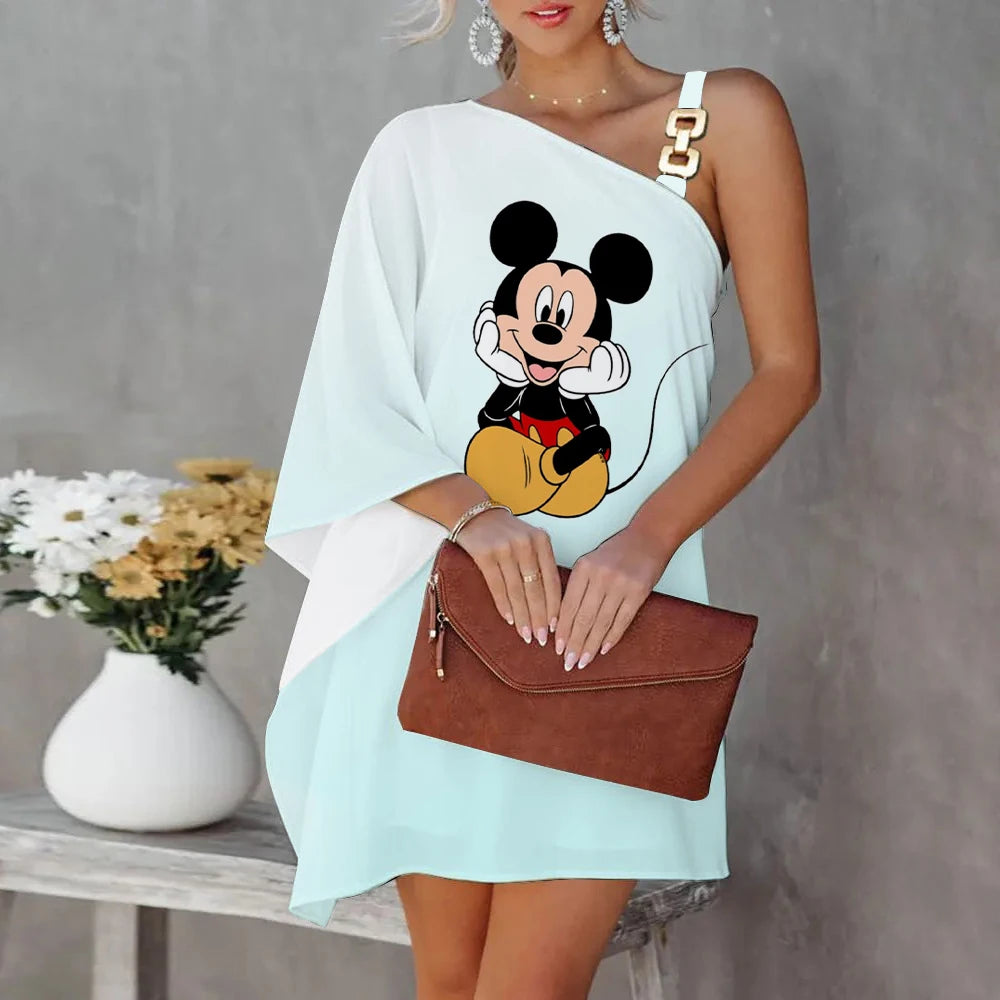 Disney Diagonal Collar One-Shoulder Party Dresses Minnie Mouse Dress Mickey Elegant Dresses for Women Evening Luxury Sexy Collar