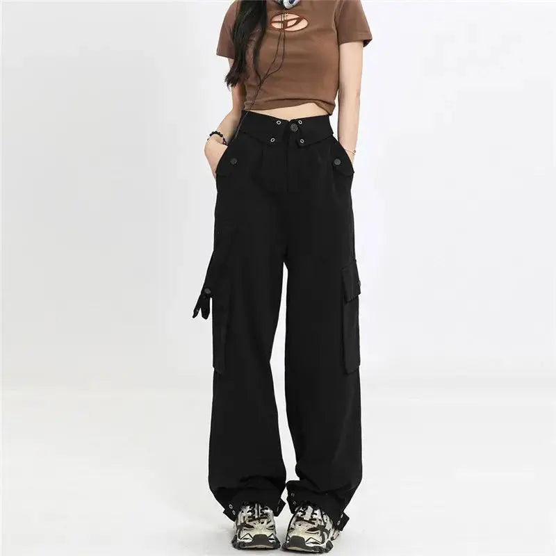 Women's Spring Vintage Hollow Stripe Long Sleeved Knitwear+ Strap+ Cargo Pants Suit Korean Elegant Sweater Trousers Matching Set