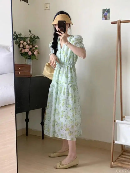 Cheap French Sweet Floral Dress Women V Neck Puff Sleeve Summer Chiffon Dress Summer Bohemian Print A-line Midi Dress In stock