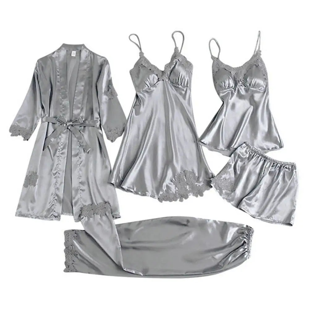 5PC Silk Robe Sleep Suit Women's Lace Satin Pajamas Gown Set V-Neck Cami Nighties Wear Pajama Home Nightwear Spring Nightdress