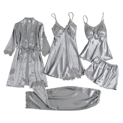 5PC Silk Robe Sleep Suit Women's Lace Satin Pajamas Gown Set V-Neck Cami Nighties Wear Pajama Home Nightwear Spring Nightdress