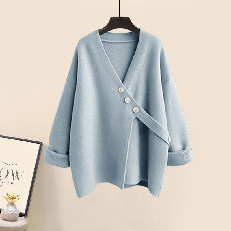 Women's Spring Autumn New Casual Matching Set Korean Elegant Irregular Knit Sweater+ Loose Wide Leg Pants Two Piece Female Suit