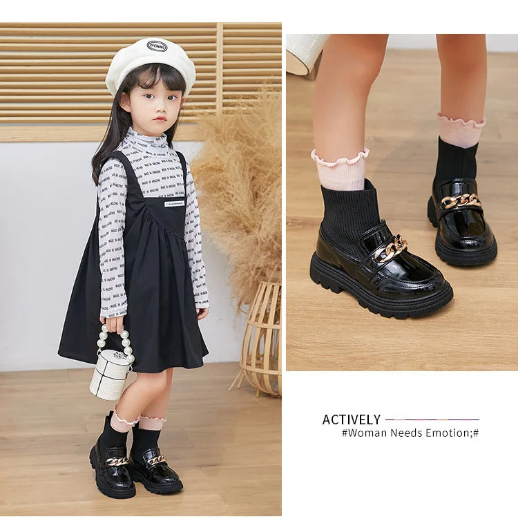 Girls Leather Boots Metal Chains Flying Woven Stitching Princess Boots Kids Leather Soft Sole Boots Children Socks Boots Fashion